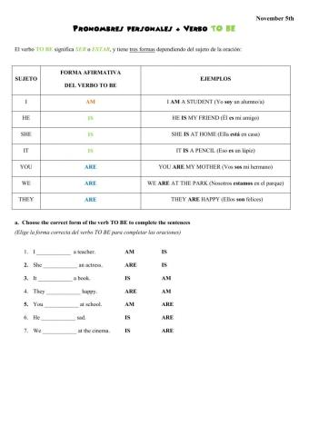 Personal Pronouns + Verb to be