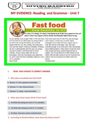 MY EVIDENCE : Reading and Grammar  - Unit 7