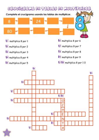 Crucigrama tablas de multiplicar 8 y 9