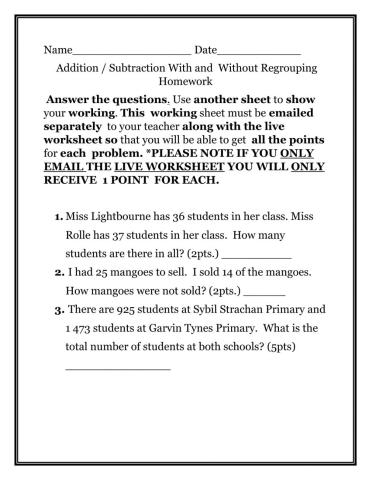 Application Addition and Subtraction Homework