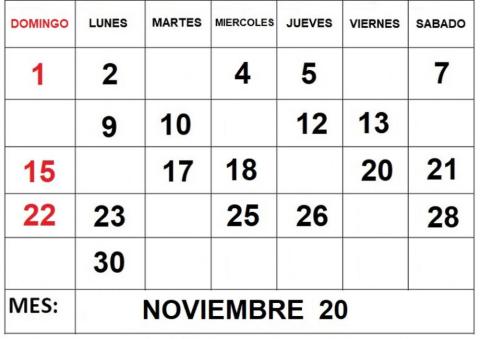 Calendario Noviembre 2020