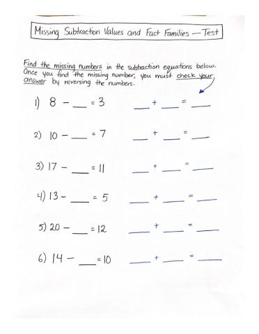 Missing Subtraction Values and Fact Families