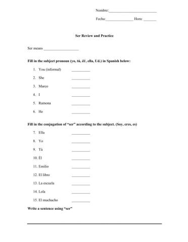 Ser in the Singular Forms Practice