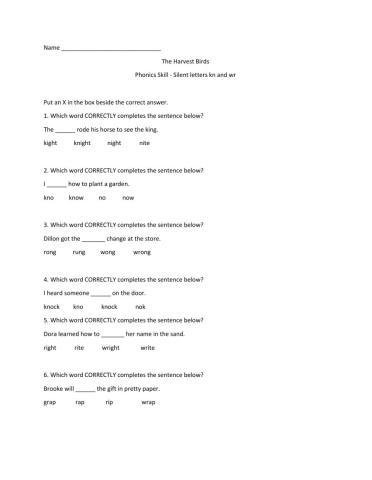 The Harvest Birds Silent Letters kn and wr
