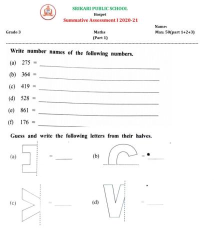 Srikari Public School III std Maths SA 1 Part 1