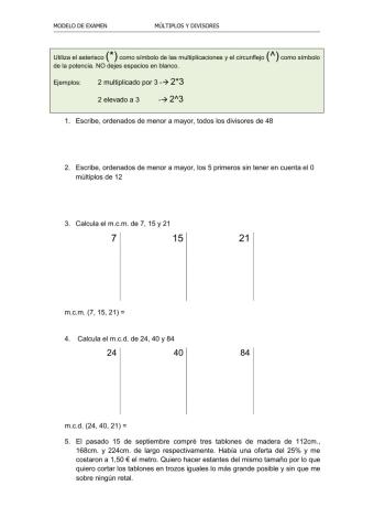 Múltiplos y divisores (modelo de examen)