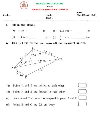 Srikari Public School IV std Maths SA 1 Part 1