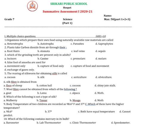 Srikari Public School VII std Science SA 1 Part 1