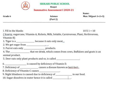 Srikari Public School VI std Science SA 1 Part 2
