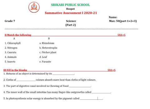 Srikari Public School VII std Science SA 1 Part 2