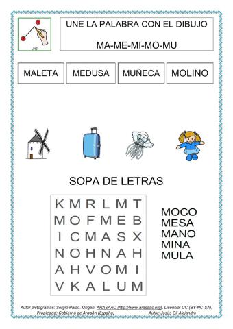 Une palabra y dibujo. Sopa de letras. Ma me mi mo mu