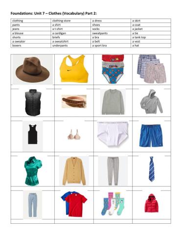 Unit 7 Clothes words and pictures Pt.2