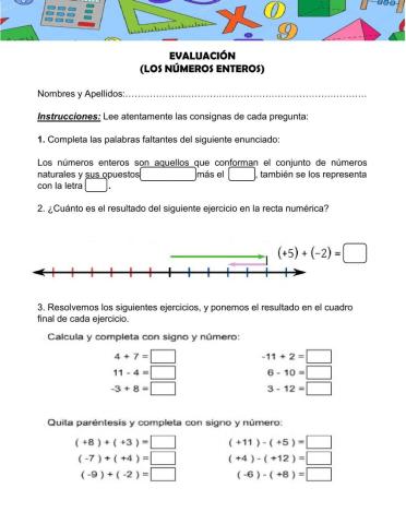 Evaluación Números Enteros sexto de primaria