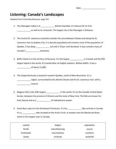 Canada's Landscapes Cloze