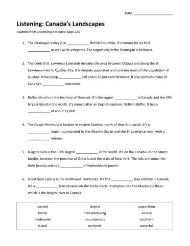 Canada's Landscapes Cloze