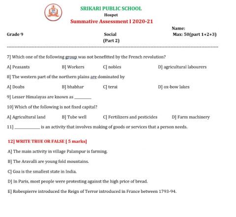 Srikari Public School Ix std Social SA 1 Part 2