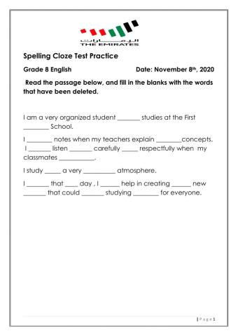 Spelling cloze test practice