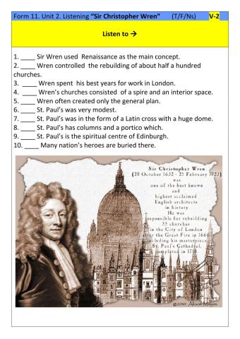 Form 11. Unit 2. Listening “Sir Christopher Wren”. V - 2
