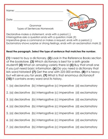 Types of Sentences Homework