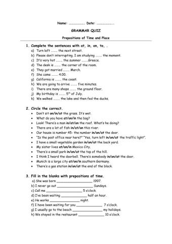Grammar quiz place and time prepositions