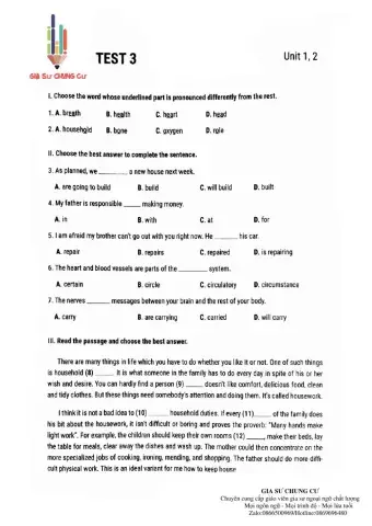 Lớp 10 - Kiểm tra 15 phút (test 3 luyện giải)