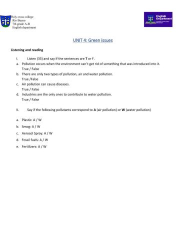 Reading and listening 7° green issues