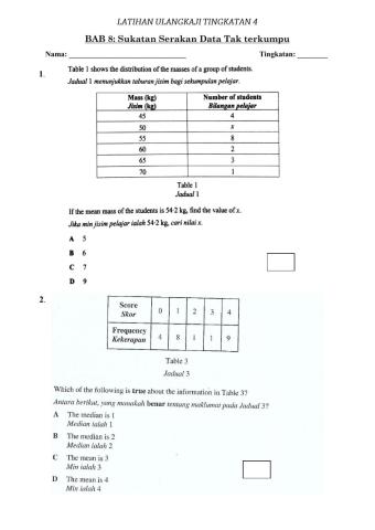 Latihan Ulangkaji Bab 8: Sukatan Serakan