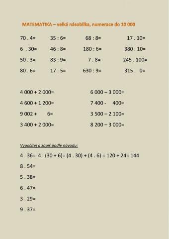 Velká násobilka, numerace do 10 000