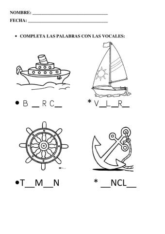 COMPLETA CON LAS  VOCALES (vocabulario barco)