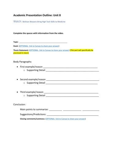 Level 8: Unit 8: Academic Presentation Outline: Bolivian weaving - Medical Advances 