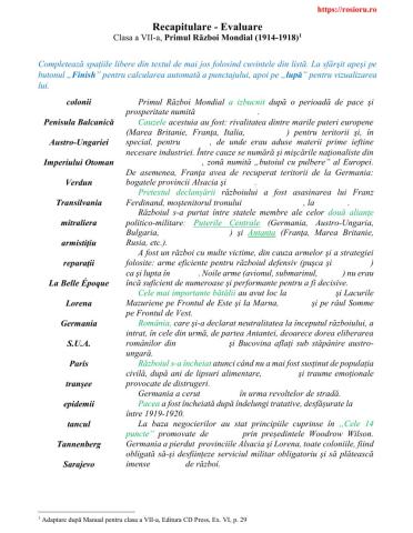 Recapitulare-Evaluare-Primul Război Mondial