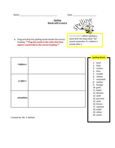 Spelling ie and ei Word Sort