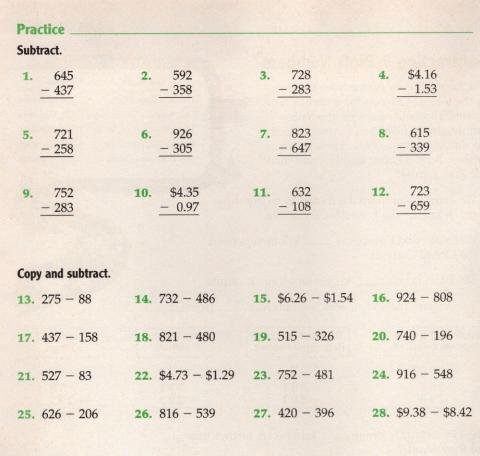 Subtracting 3 digits grade 6