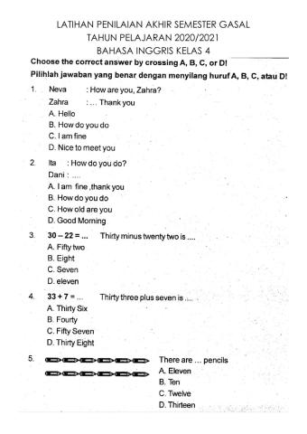 Latihan PAS Bhs Inggris Semester 1 Kelas 4