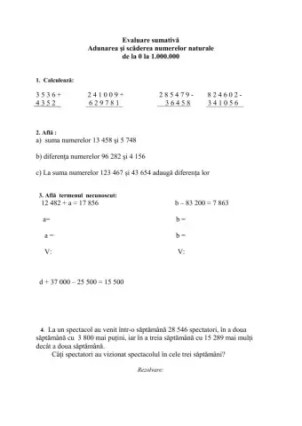 Evaluare sumativă- Adunarea și scăderea nunerelor 0-1000000
