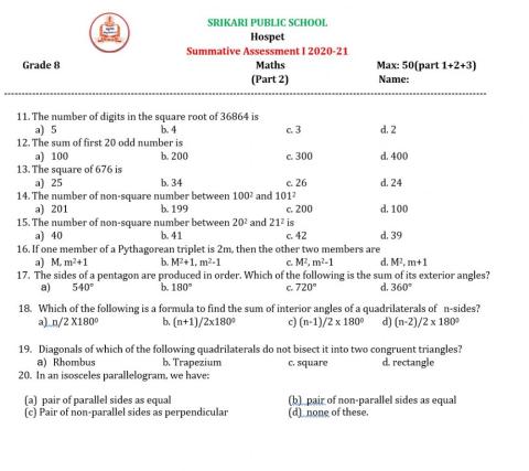 Srikari Public School VIII std Maths SA 1 Part 2