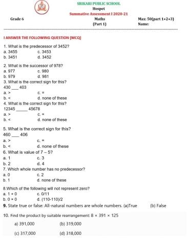 Srikari Public School VI std Maths SA 1 Part 1