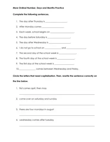 Days, Months, Ordinal Number Practice