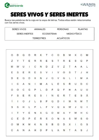 Sopa de letras Seres vivos e Inertes. CE Castroverde