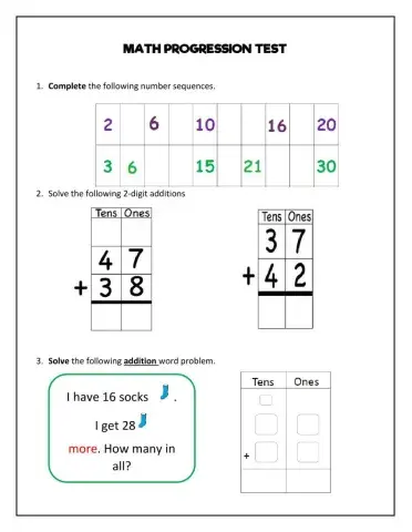 MATH PROGRESSION TEST 1ST GRADE 