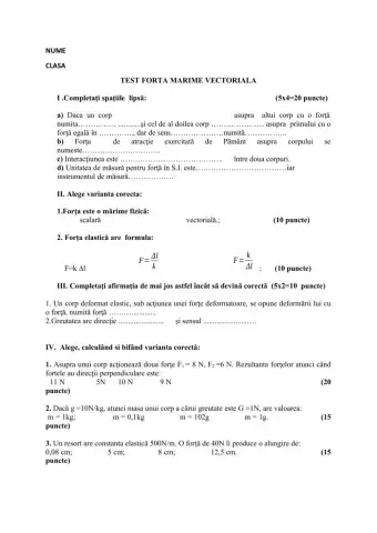 Test-Forța mărime vectorială. Tipuri de forțe