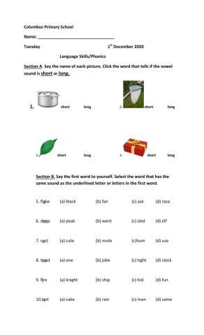 Long and short vowel quiz