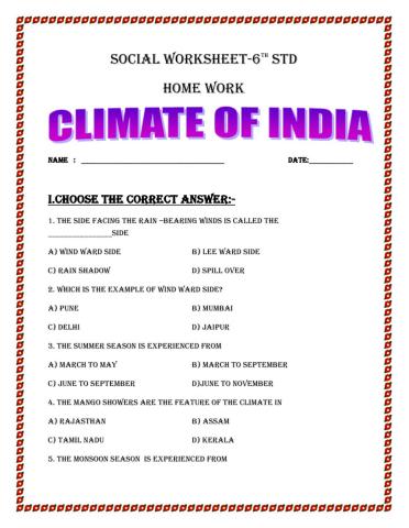 Climate of india worksheet