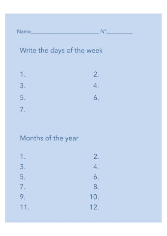 Days of the week, months, numbers and past verbs