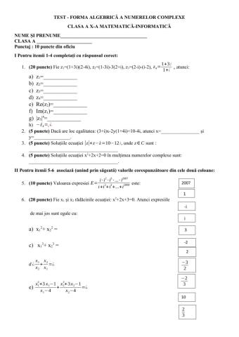 Test forma algebrică a numerelor complexe