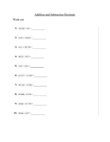 Addition and Subtraction Decimal