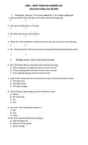 One – Shot Finch by Harper Lee    classwork Friday, Dec,11-2020