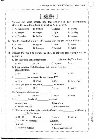 Bộ đề thi TA vào 6 - Đề số 7