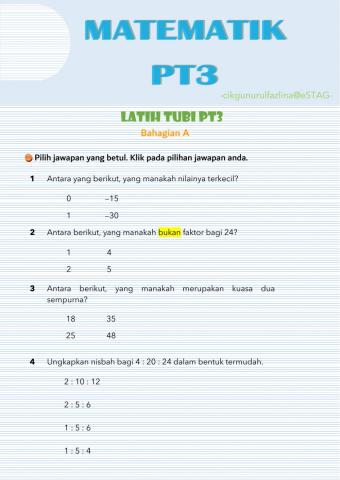 Latih tubi matematik pt3 bahagian a