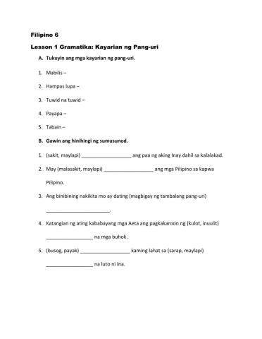 Filipino 6: Kayarian ng Pang-uri